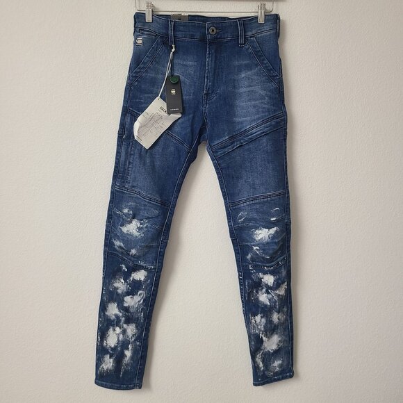 G-Star RAW Rackam 3D Skinny Denim Jeans Size 28x32 Blue Paint Splatter